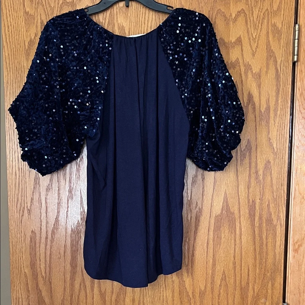 Umgee Navy Sequin Puff-Sleeve Blouse - Picture 3 of 3